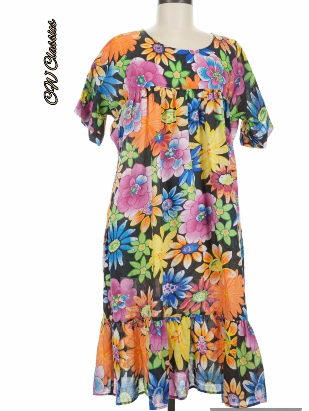 CW Classics 55% Cotton Tropical Multicolor Print Ruffle Midi Short Sleeve Dress